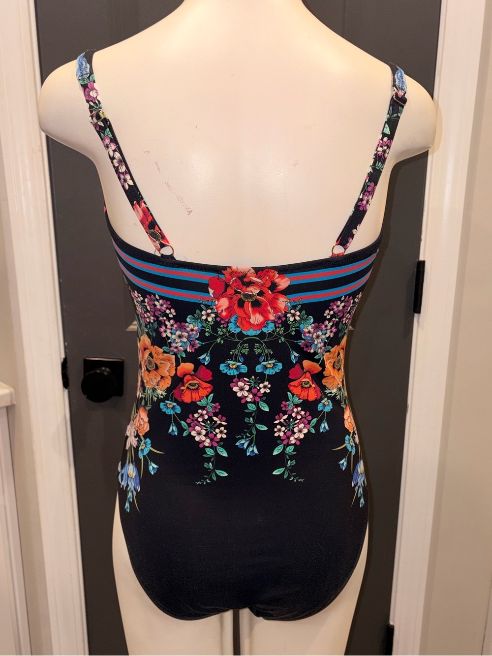 Johnny Was Black Floral Ruched One-Piece Swimsuit w Adj Straps- Medium - Picture 3 of 5